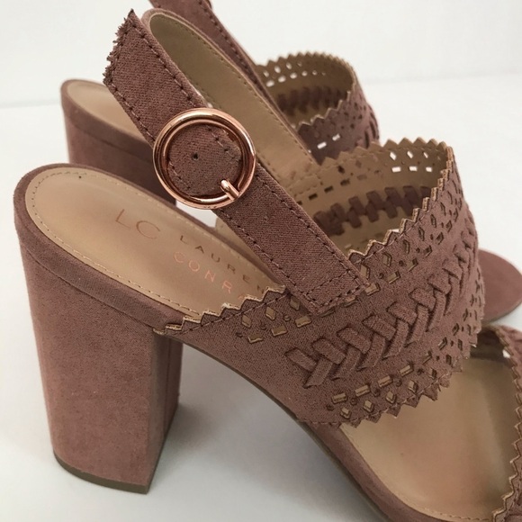 New! Block Heel Faux Suede Bohemian Pink Mauve Chunky High Heel Braided Sandals - Picture 6 of 12